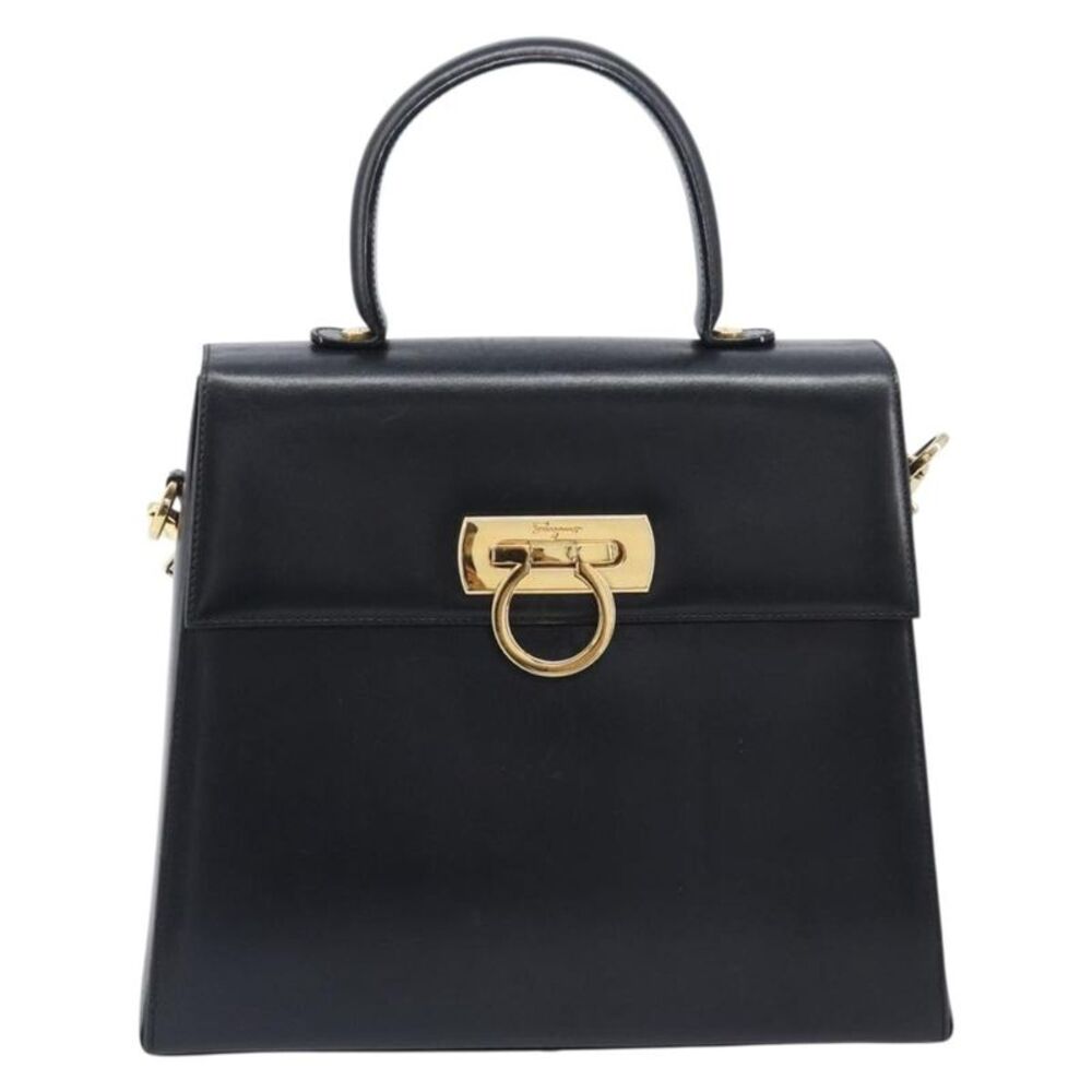 Salvatore Ferragamo Convertible Top Handle Leather Black Leather Handbag